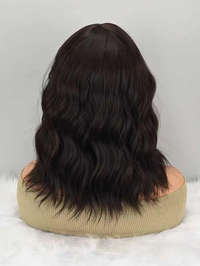 Perruque Bob ondulée bouclée synthétique marron naturel avec frange pour femme