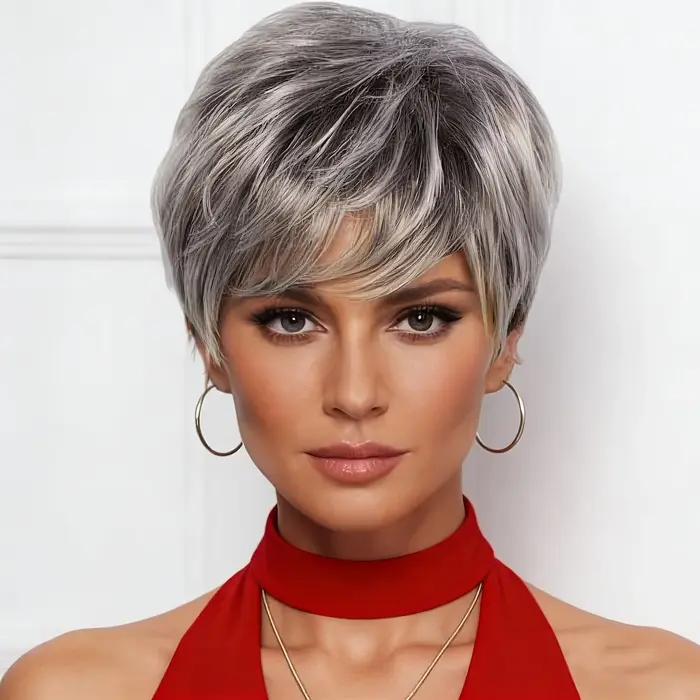 Perruque courte gris-argent pour femme, style elfe, avec franges et dégradé naturel, perruque synthé