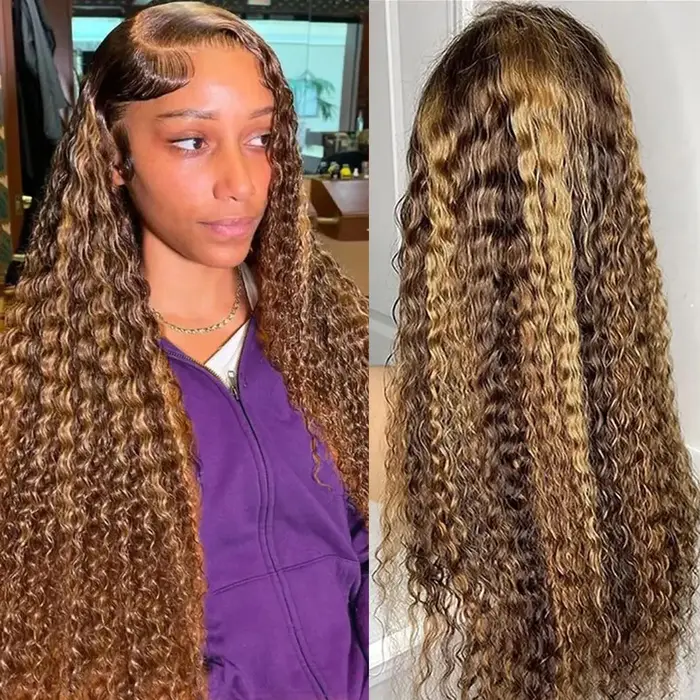 Perruque Lace Frontale 30 Pouces Cheveux Humains Bouclés Ombrés avec Mèches