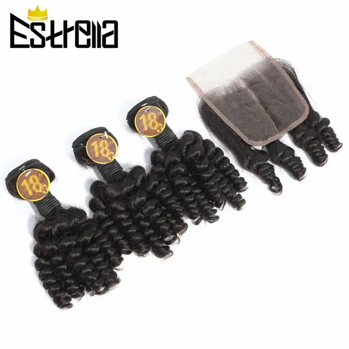 Mèches Brésiliennes Naturelles Bouclées avec Closure, Cheveux Humains, Rebondissants, 4x4, 3 Lots