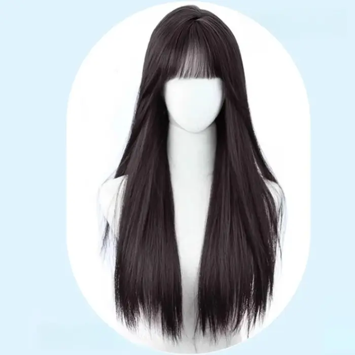 Perruque synthétique longue et lisse noire de 24 pouces avec frange pour femmes