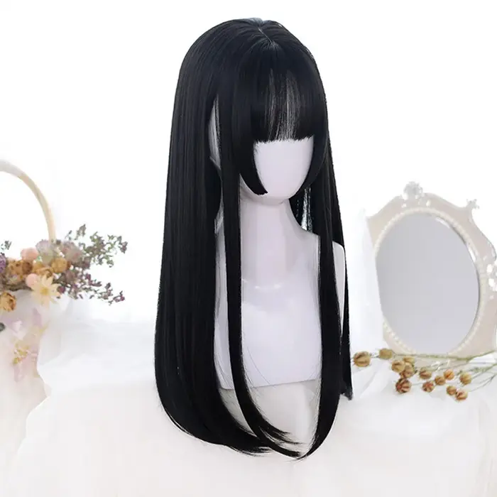 AOSI – perruques synthétiques noires longues et lisses avec frange pour femmes, perruques de fête de Cosplay de noël à la mode