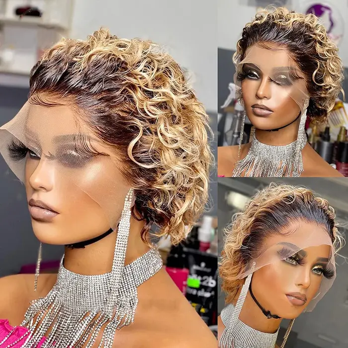 Perruque de cheveux humains avant de dentelle bouclée courte pour les femmes
