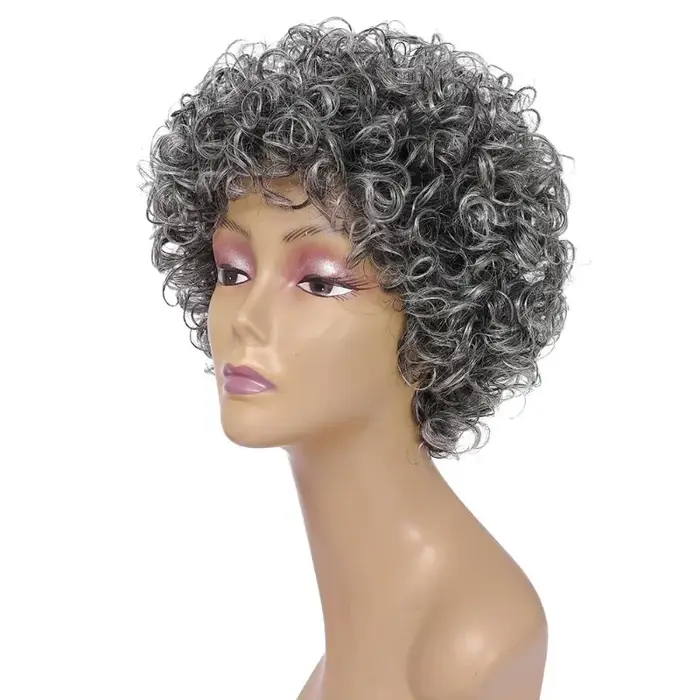 Perruque complète en cheveux humains bouclés courts gris-gris de haute qualité