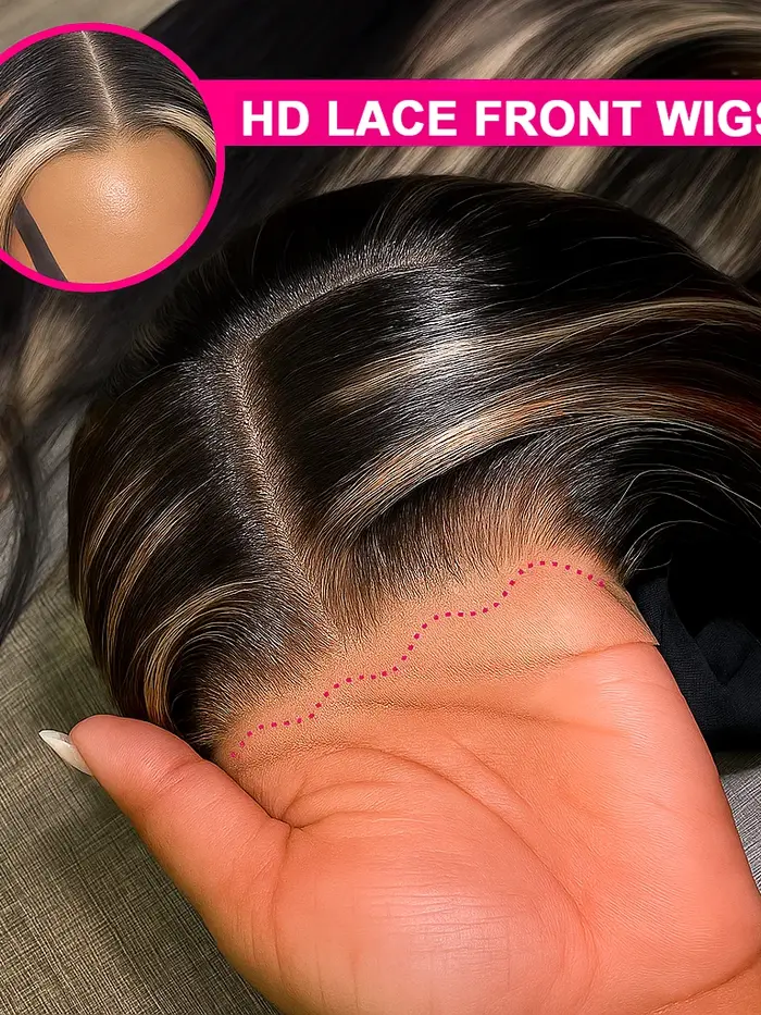 Perruque Lace Front Wig naturelle lisse à reflets 1b30, cheveux lisses noirs avec dégradé marron, 13