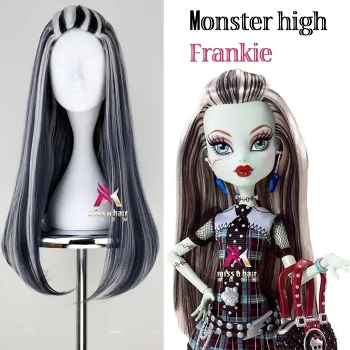 Perruque de Cosplay Synthétique Frankie Monster High, Bonnet Ultraviolette, Mélange Noir et Blanc, i