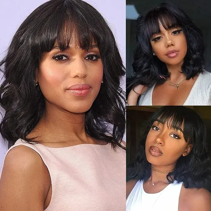 Perruques de cheveux humains ondulés naturels avec frange