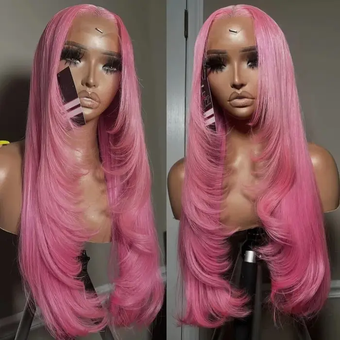 Perruque Lace Frontal Wig synthétique lisse violet clair, 13x4 HD, pre-plucked, haute qualité, résis