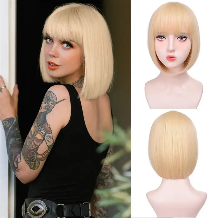 Perruque synthétique de coiffure bob noire avec raie centrale