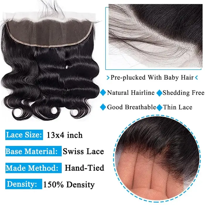 Extensions brésiliennes Body Wave avec closure en dentelle 13x4, cheveux humains véritables, 3 mèche