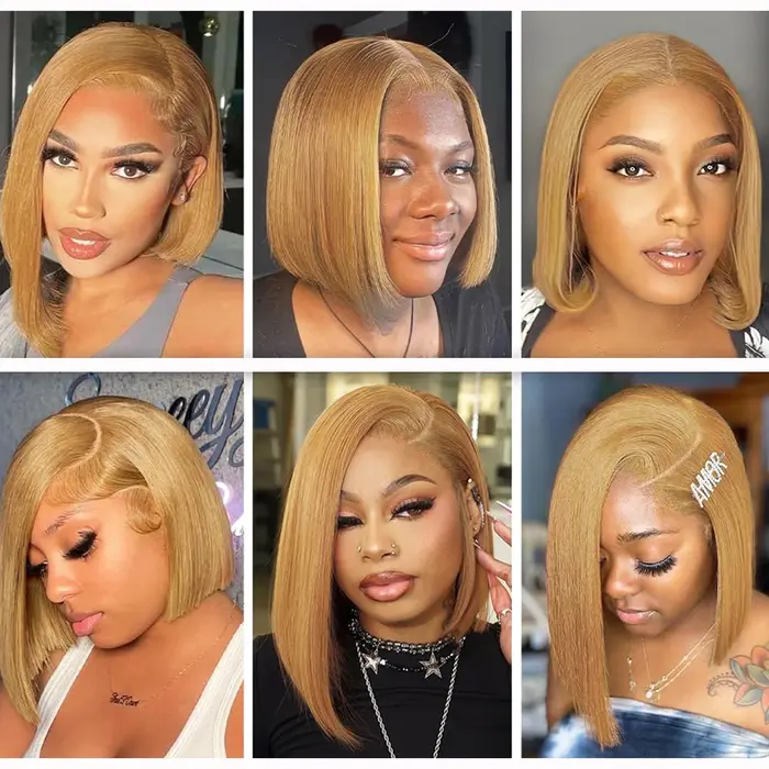 27 # Blonde courte Bob perruque cheveux humains 210% droite 13x4 dentelle avant