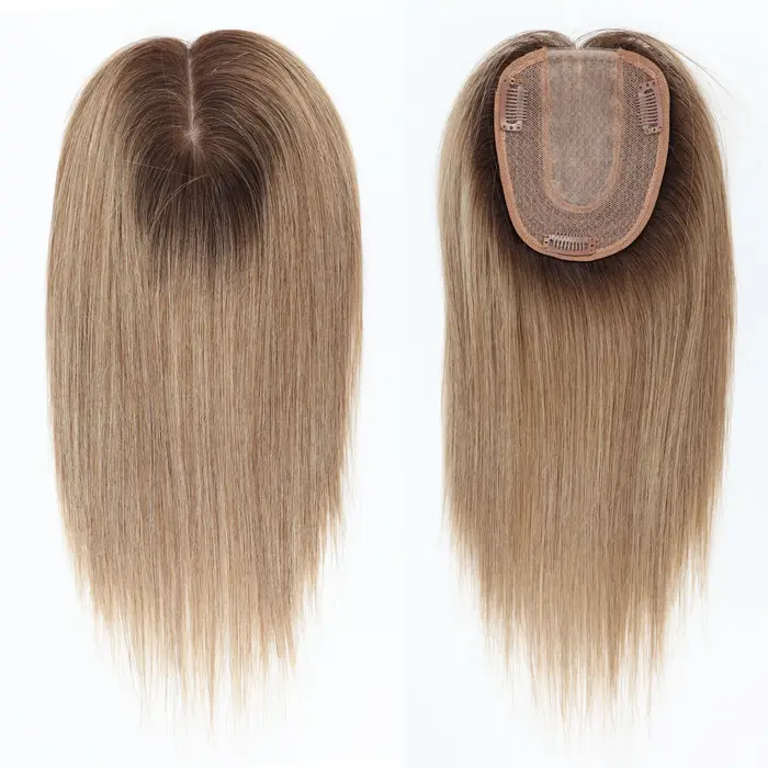 Topper de Base en soie blonde ombrée avec clips en Extensions de cheveux humains européens bicolores de 14 pouces pour