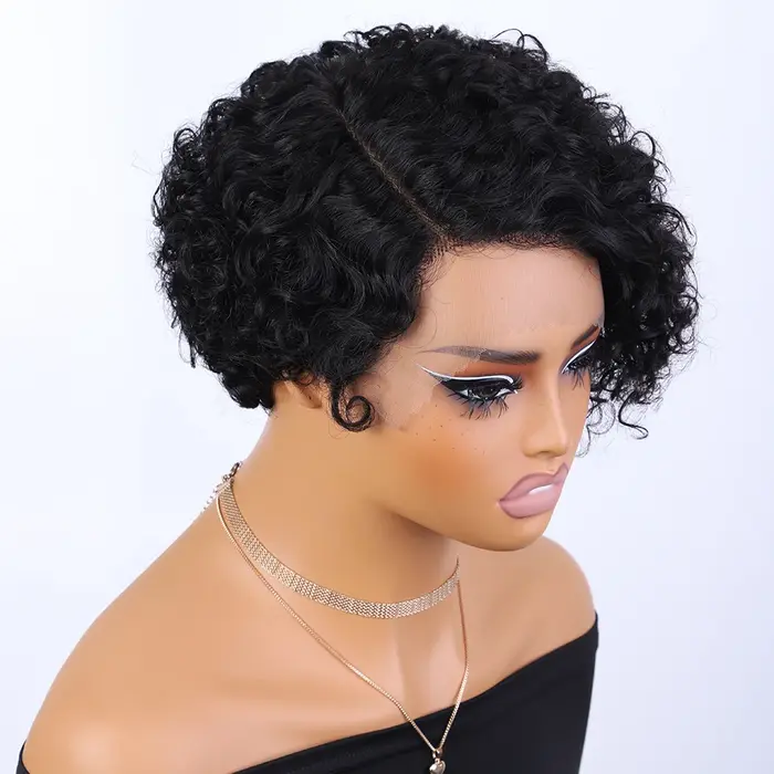 Perruques Lekker colorées 100 % cheveux humains, coupe pixie longue, bouclée, style bob, avec raie l