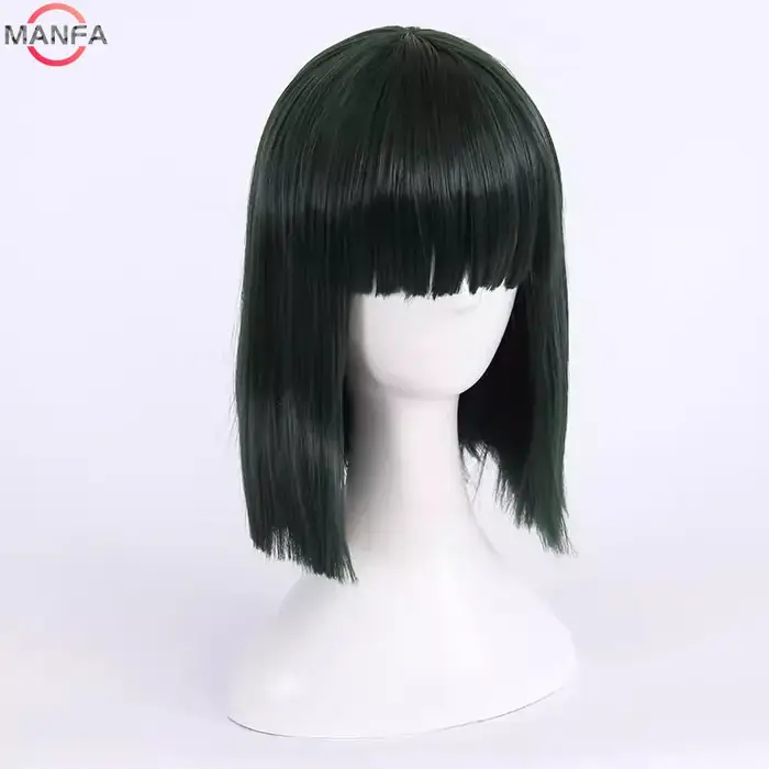 Fubuki Cosplay perruque filles résistant à la chaleur cheveux synthétiques vert profond Bobo perruques + bonnet