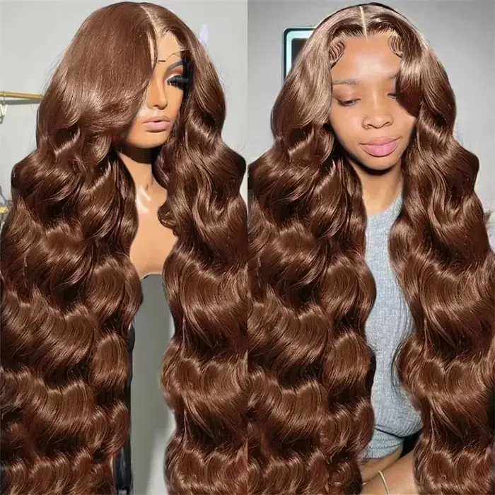220% densité 36 pouces chocolat brun vague de corps 13x6 dentelle avant perruques de cheveux humains