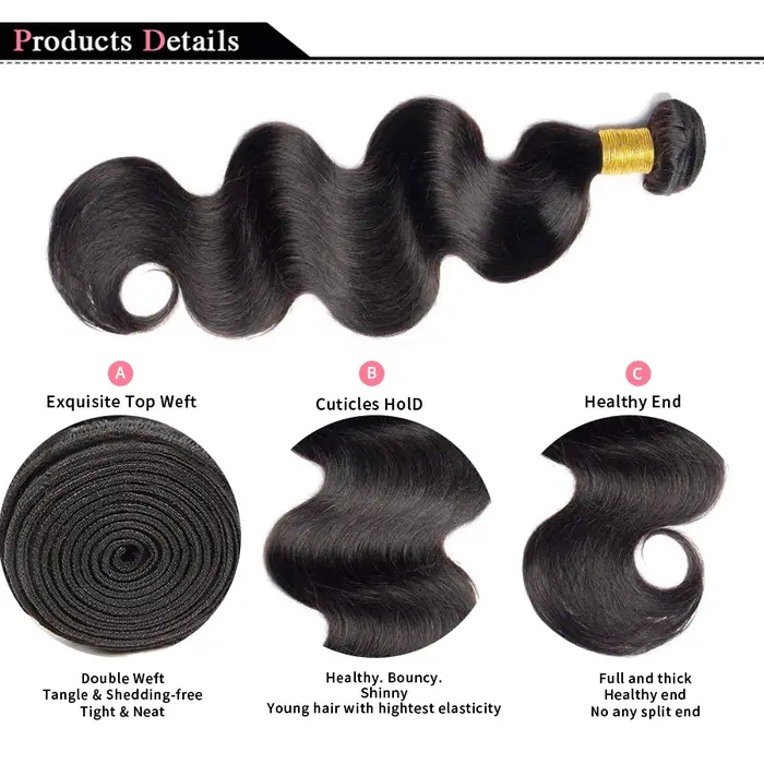 Extensions de cheveux humains Body Wave, noirs naturels, brésiliens, en lots de 1, 3 ou 4 pièces
