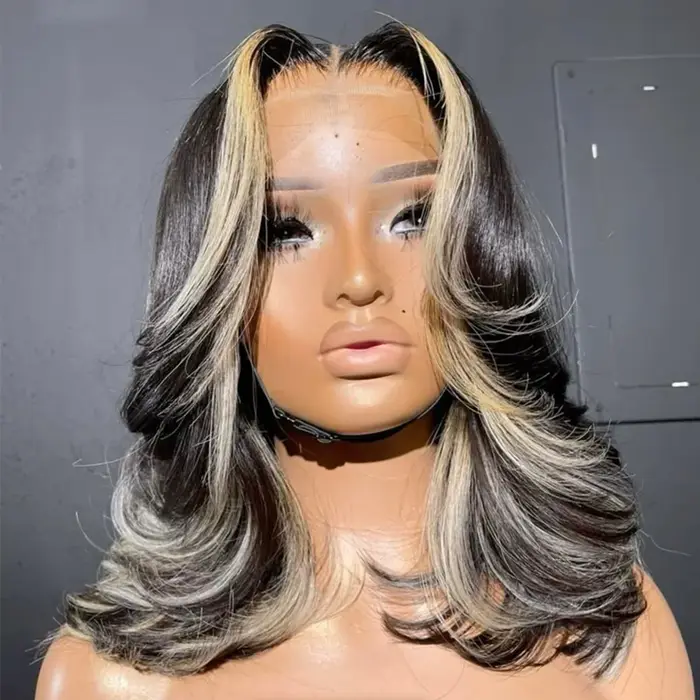 Perruques Dialola 5x5 Closure Blonde Highlight Coupe Dégradée Courte Bob Cheveux Humains Ombrés Pré-