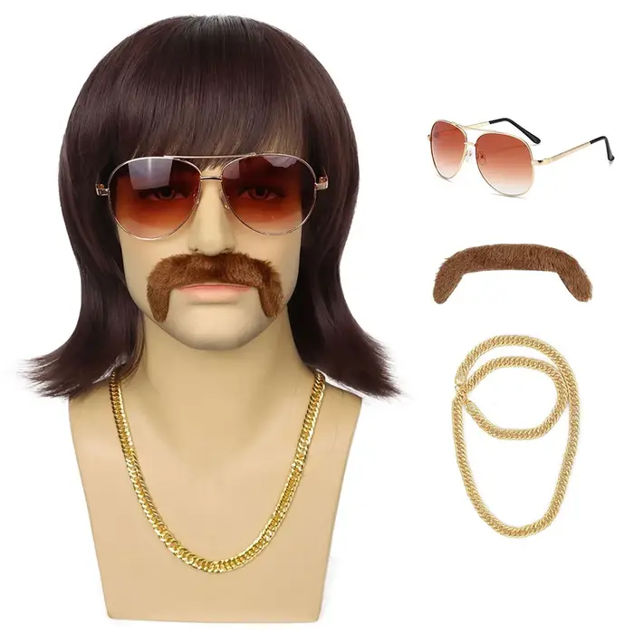 Perruque disco des années 70 avec barbe, lunettes et chaîne, perruque synthétique courte brune à la 