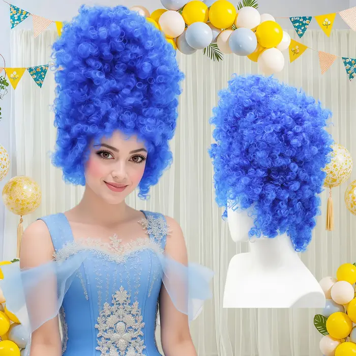 Perruque synthétique bleu vif à boucles longues