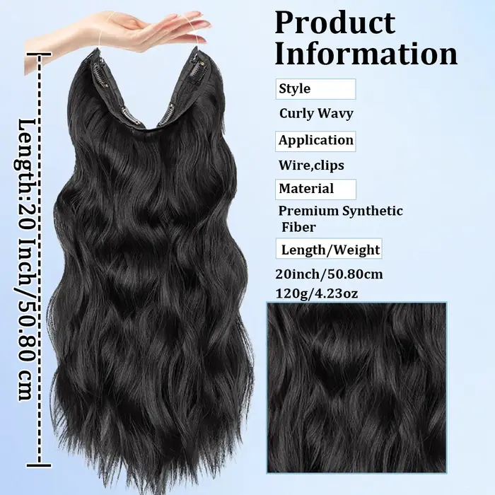 Extensions de cheveux synthétiques ondulées longues noires de 20 pouces avec fil invisible