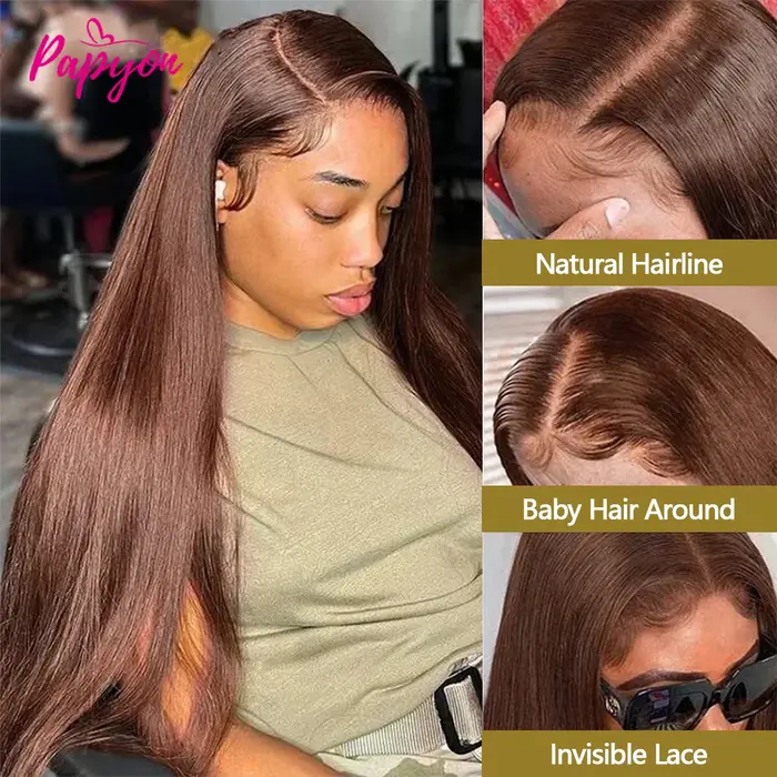 #4 Chocolate Brown Perruques Cheveux Humains Lisse 28 30 Pouces 13x6 HD Perruque Lace Frontal Transp