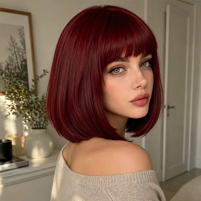 Perruque bob bordeaux, 12 pouces, franges soignées, extrémités lisses et droites, perruque synthétique courte pour femmes, pour un style quotidien.