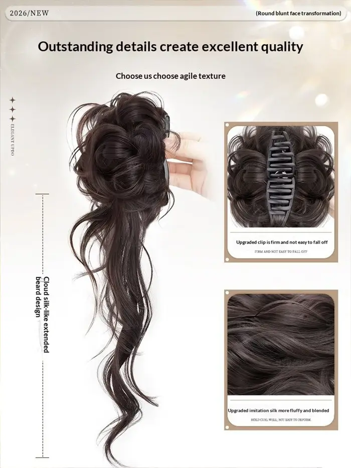 Perruque synthétique ondulée avec chignon désordonné et queue de cheval basse, à clipser, style élég