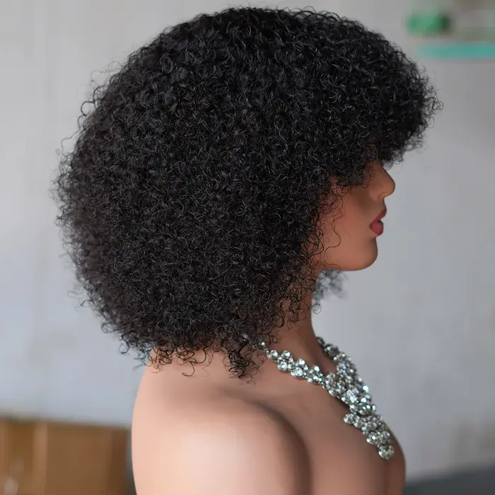 Perruque de cheveux humains crépus bouclés afro mongols avec frange faite à la machine 250% perruques