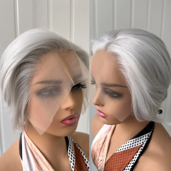RDY-Perruque synthétique courte coupe Pixie gris argent pour femme, postiche sans colle, cheveux rai