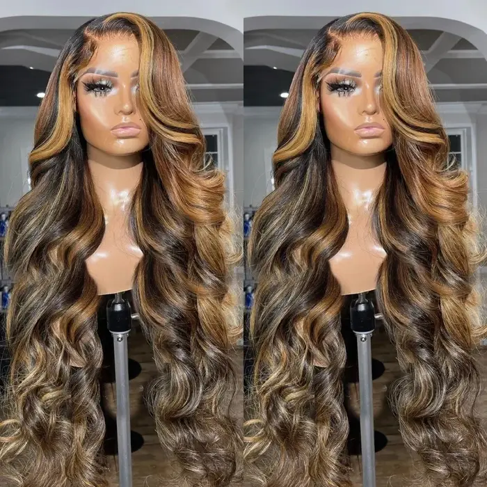 Perruque Lace Front Wig Body Wave Brésilienne Naturelle, Cheveux à Reflets Colorés, 13x4, Densité 20