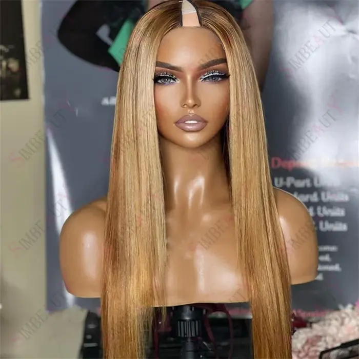 Perruque V-Part 1x4 Lisse Ondulée avec Mèches Blond Miel, Cheveux Humains 100% Non Traités, Sans Col