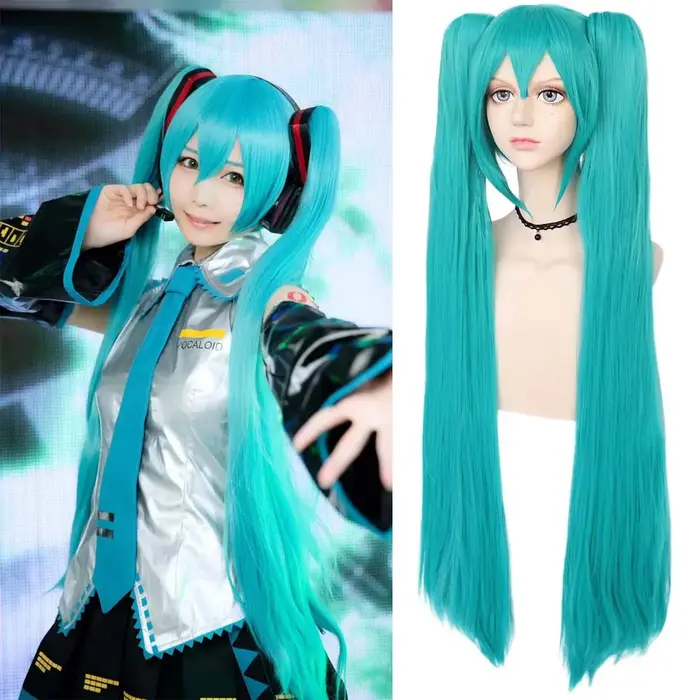 Perruque verte synthétique Cosplay vert sarcelle perruque Double queue de cheval perruque longue per