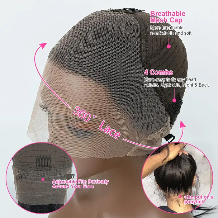 250% Kinky Straight Perruque Yaki Sans Colle 360 Natural Yaki Straight Wig Invisible Sangle Perruque