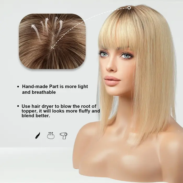 Toppers de cheveux humains avec frange pour femmes