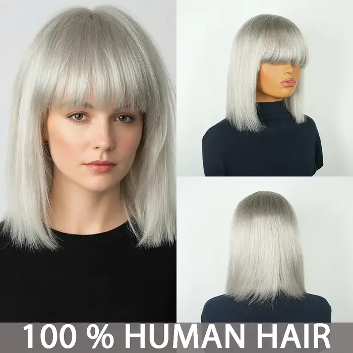 Perruque Bob Droite Gris Argenté avec Frange Complète