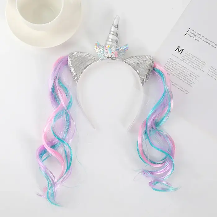 Perruque colorée licorne bandeau arc-en-ciel cheval Double queue