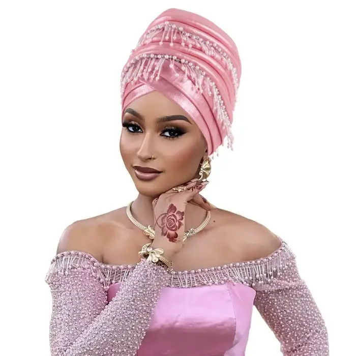 Couvre-chef africain femmes perles glands Turban casquette mariage nigérian Auto Gele fête casque tête enveloppement Hijab Bonnet chapeau coiffure