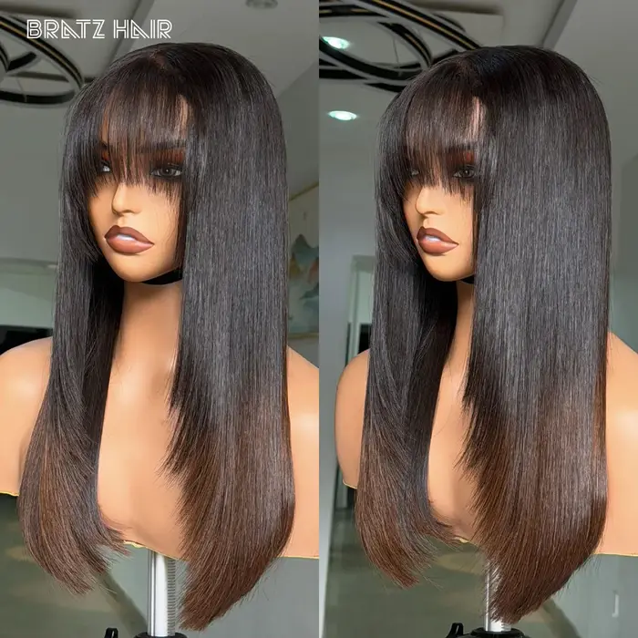 Perruque Bob Super Double Drawn avec fermeture en dentelle 4x4, franges superposées, cheveux humains