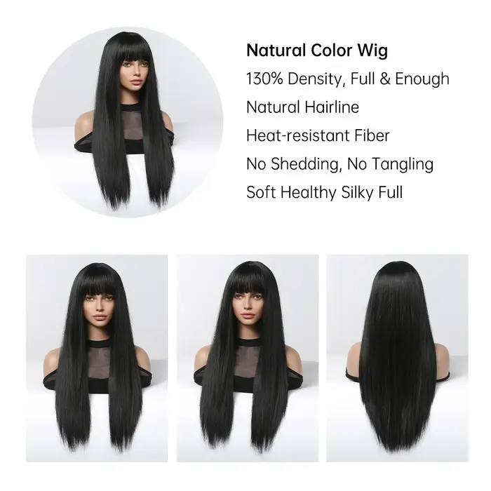 EASIHAIR – perruques synthétiques longues et lisses avec frange, perruques noires de fête Cosplay Lo