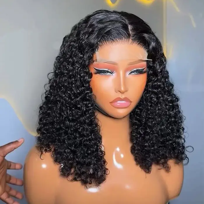 Perruque courte bob en cheveux brésiliens bouclés crépus avec closure en dentelle 4x4, 100% cheveux 