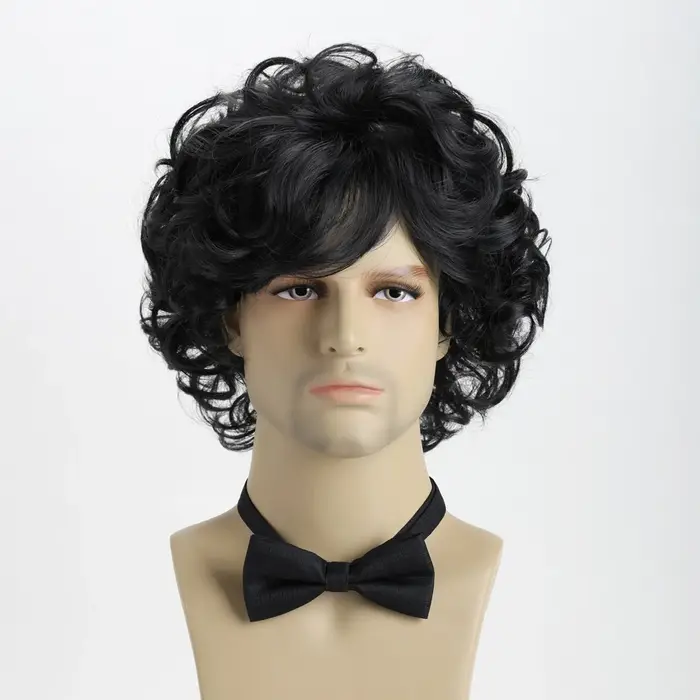 Perruque synthétique ondulée courte bouclée naturelle brune de 10 pouces pour hommes jeunes hommes, 