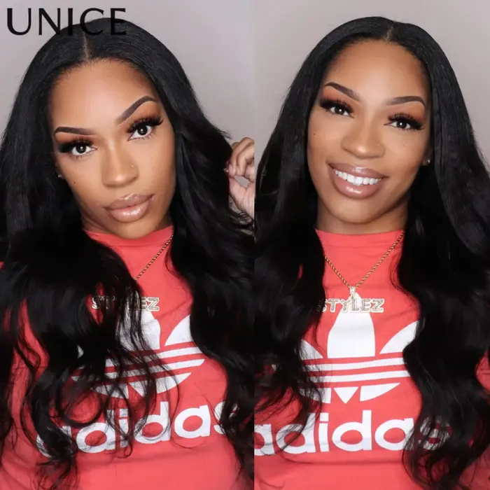 UNice cheveux 180% densité vague de corps V partie perruque avec cordon 100% cheveux humains véritab