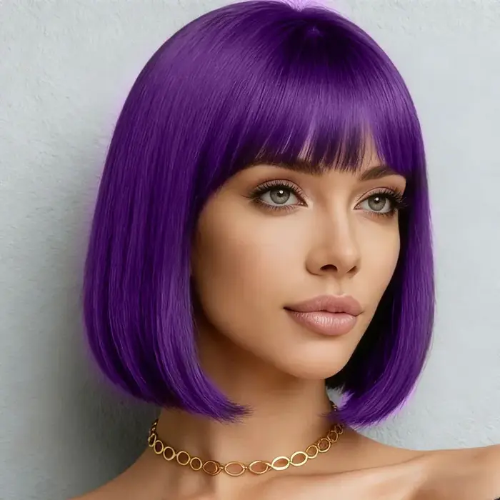 Perruque violette de 12 pouces avec frange