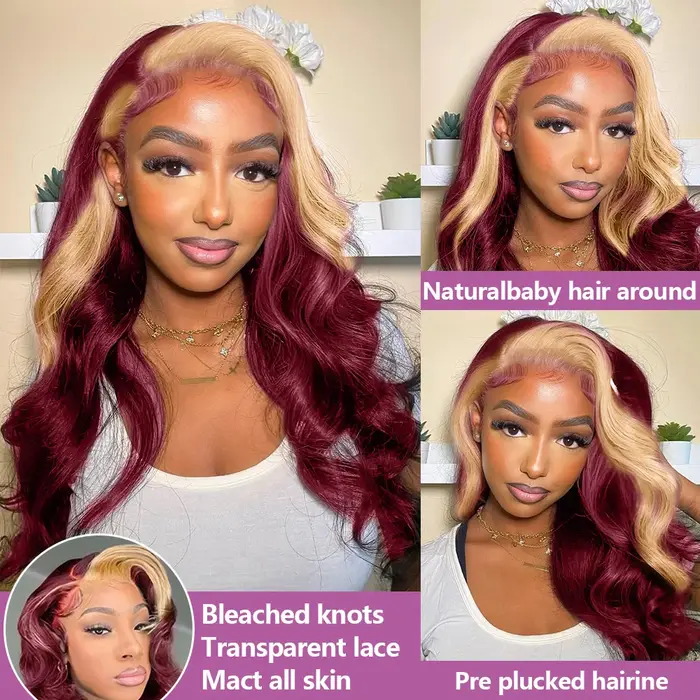 Perruques Lace Front 13x4 HD Transparentes Body Wave en Cheveux Humains Brésiliens, Couleur 99J/613 