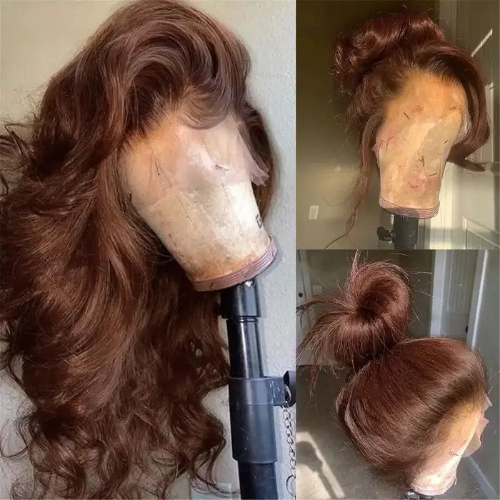 Perruque Lace Front Wig Body Wave brésilienne naturelle, cheveux vierges brun chocolat, pre-plucked,