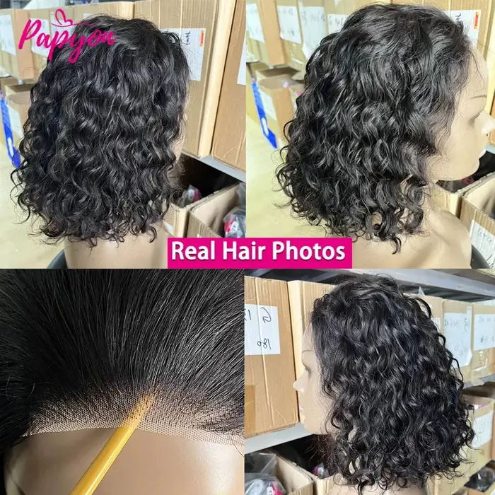 200% Density Perruque Bob Bouclé Water Wave Sans Colle Pour Femme de Fermeture en  Bouclée Dentelle 