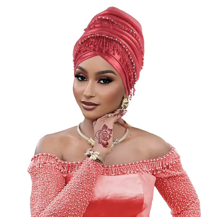 Couvre-chef africain femmes perles glands Turban casquette mariage nigérian Auto Gele fête casque tête enveloppement Hijab Bonnet chapeau coiffure