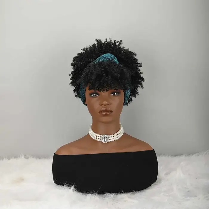 Perruque Bandeau Bouclée avec Frange pour Femme, Perruque Synthétique Afro Bouclée avec Bandeau Inté