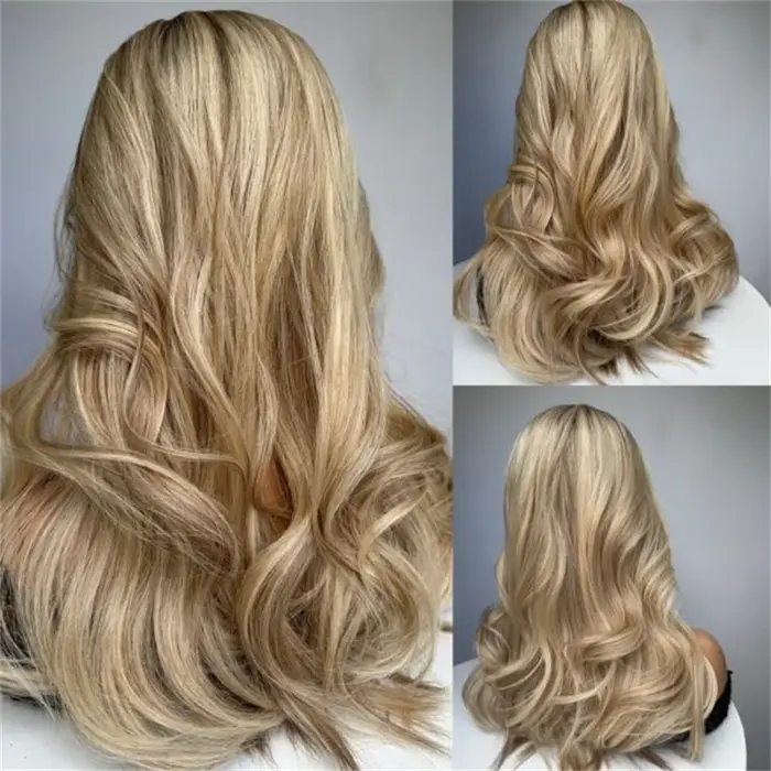 Perruque synthétique 13x4 Ombré Blond Doré Clair avec dentelle HD invisible, longue et ondulée, douc