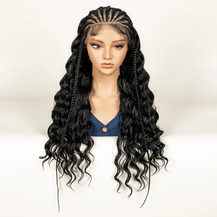 Fulani perruque tressée avec cheveux mi-bouclés synthétique 13x6 Transparent dentelle avant